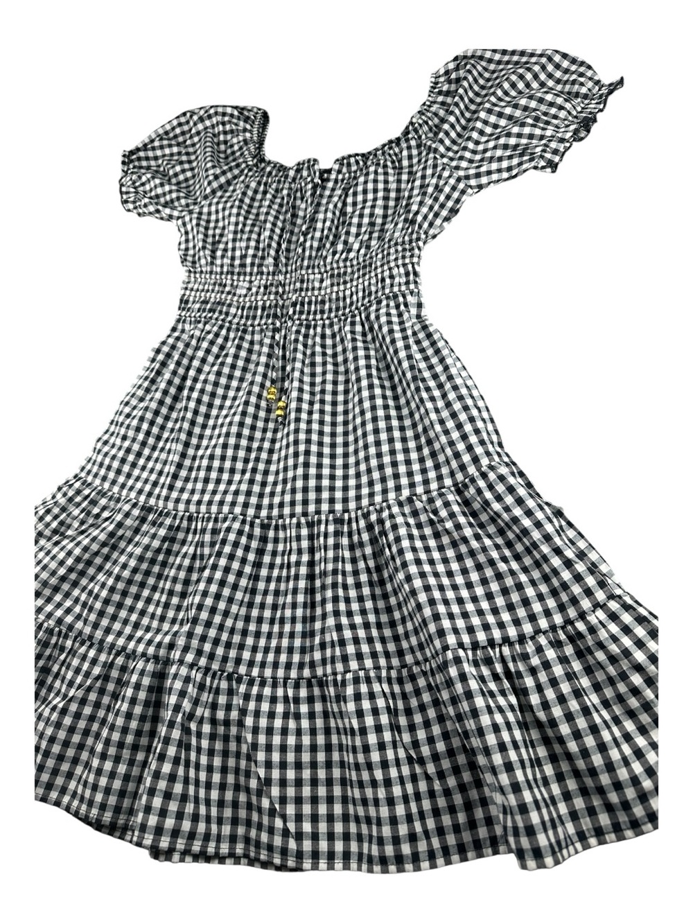 Black & White Gingham Peasant Dress Sz M Picnic Aesthetic Smocked Waist - Picture 3 of 9